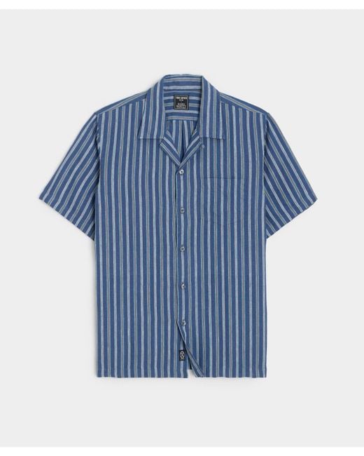 Todd Snyder Blue Multi Stripe Linen Short Sleeve Camp Collar Shirt for men