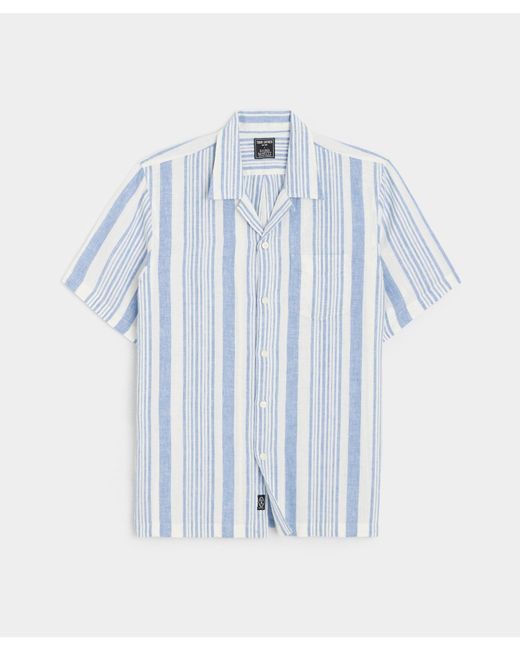 Todd Snyder Blue Double Stripe Linen Short Sleeve Camp Collar Shirt for men