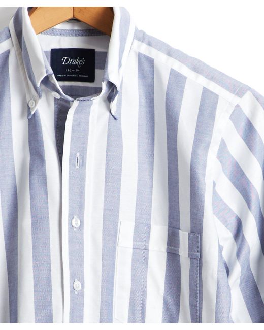Drake's Blue Broad Stripe Oxford Button Down Shirt for men