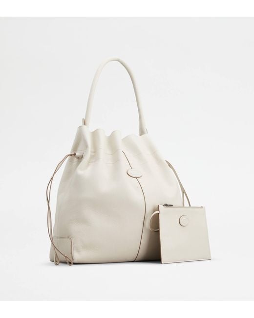 Tod's White Di Bag Bucket Bag In Leather Medium With Drawstring