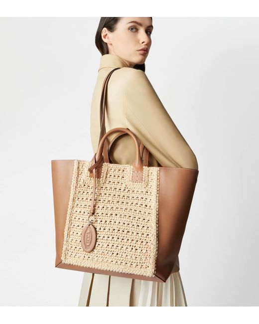 Tod's Natural Double Up Shopping Bag In Leather And Raffia Medium