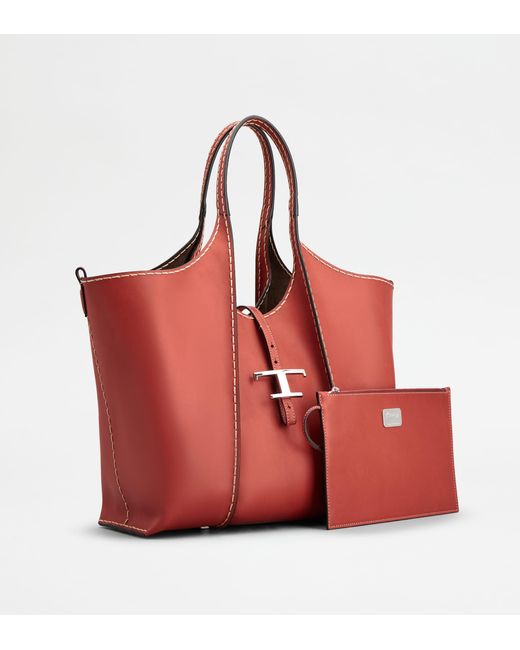 Tod's Red T Timeless Shopping Bag In Leather Medium