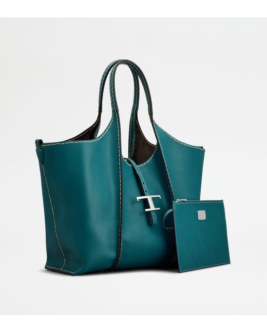 Tod's Blue T Timeless Shopping Bag In Leather Medium