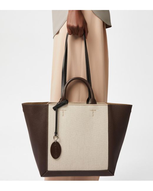Tod's Natural Double Up Shopping Bag In Leather And Canvas Medium