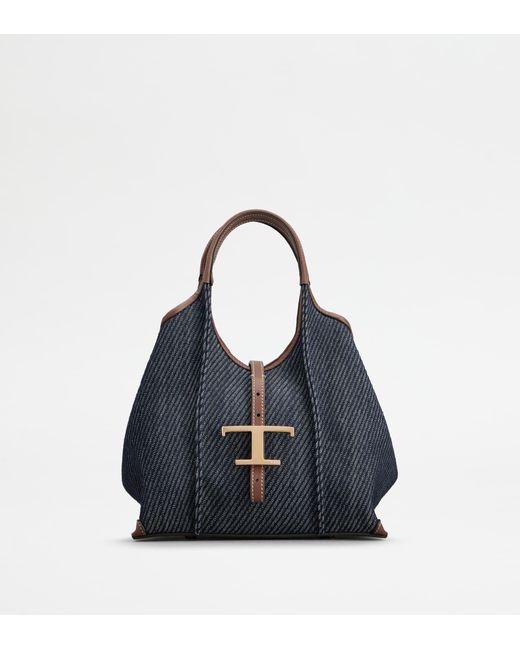 Tod's Blue T Timeless Shopping Bag In Denim And Leather Mini