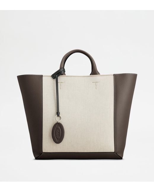 Borsa Shopping Double Up in Pelle e Canvas Media di Tod's in Natural