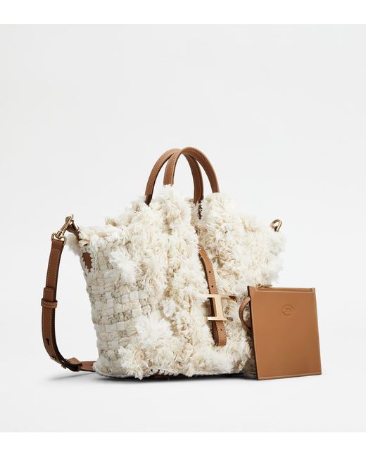 Tod's White T Timeless Shopping Bag In Fabric And Leather Mini
