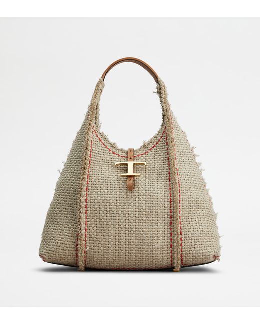 Tod's Natural T Timeless Hobo Bag In Fabric And Leather Medium