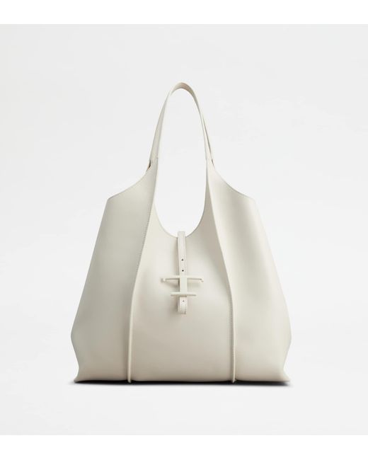 Tod's White T Timeless Shopping Bag In Leather Medium