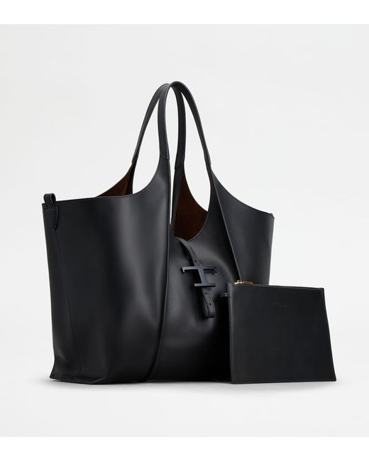 Tod's Black T Timeless Shopping Bag In Leather Medium