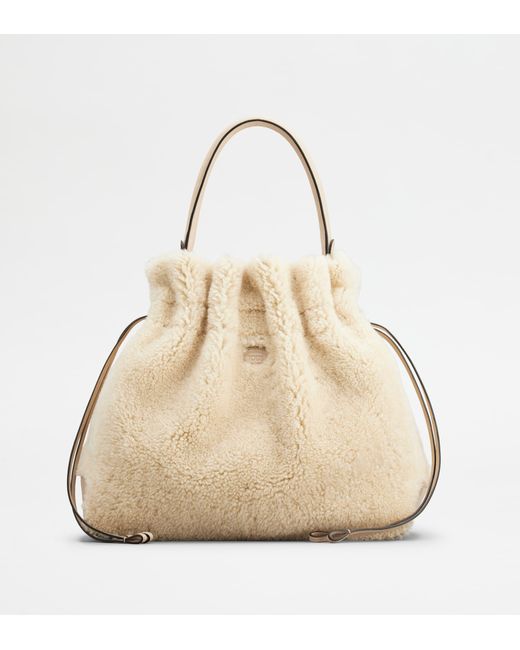 Tod's Natural Di Bag Bucket Bag In Sheepskin Medium With Drawstring