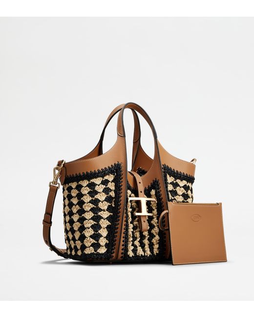 Tod's Black T Timeless Shopping Bag In Leather And Raffia Mini