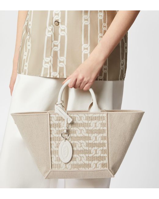 Tod's White Double Up Shopping Bag In Fabric And Leather Small