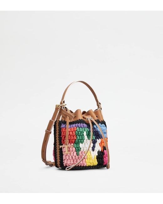 Tod's White Bucket Bag In Leather And Raffia Micro