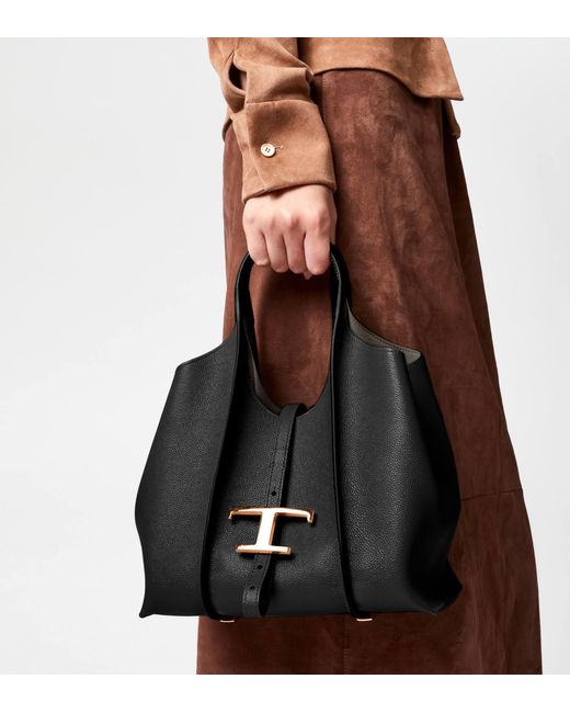 Tod's Black T Timeless Shopping Bag In Leather Mini