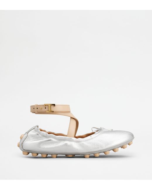 Tod's White Bubble Ballerinas In Leather With Strap