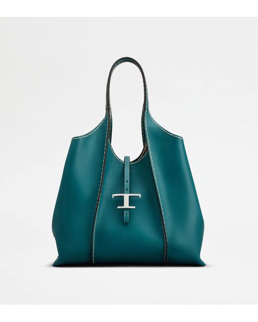 Tod's Blue T Timeless Shopping Bag In Leather Medium