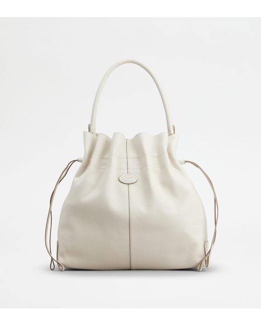 Tod's White Di Bag Bucket Bag In Leather Medium With Drawstring