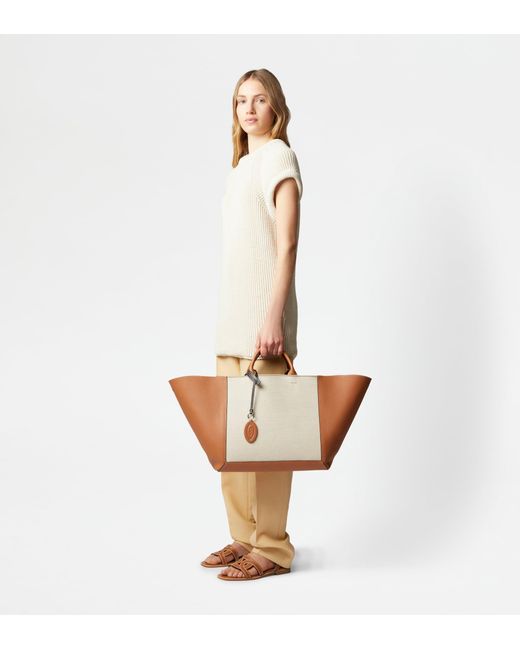 Tod's Natural Double Up Shopping Bag In Leather And Canvas Large