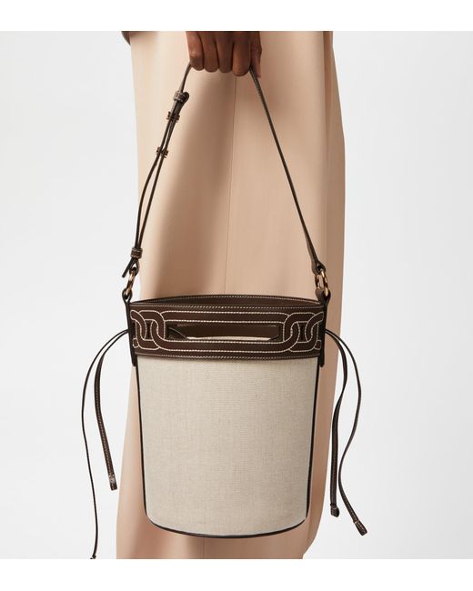 Tod's Natural Kate Bucket Bag In Leather And Canvas Small