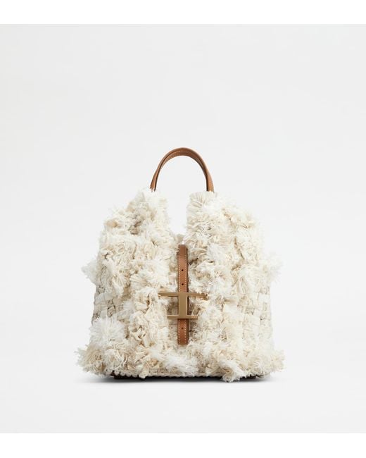 Tod's White T Timeless Shopping Bag In Fabric And Leather Mini