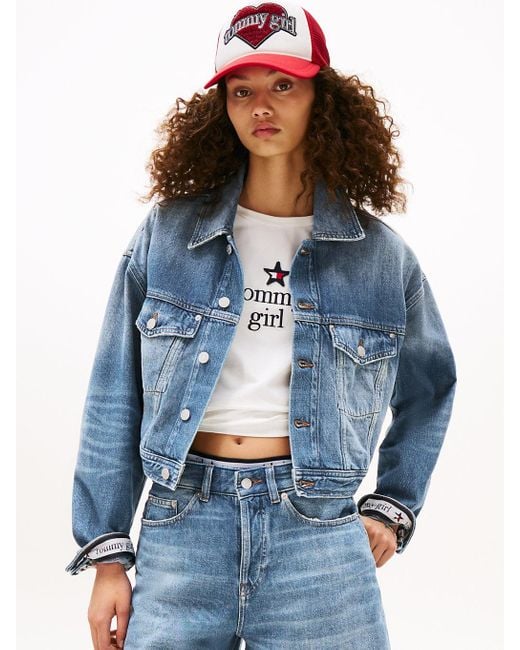 Tommy Hilfiger Blue Tommy Girl Back Logo Cropped Oversized Denim Jacket