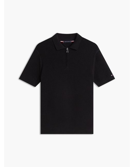 Tommy Hilfiger Black Regular Fit Textured Knit Zip Polo Shirt for men