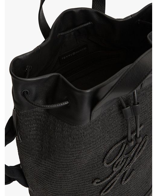 Tommy Hilfiger Black Raffia Drawstring Sling Bucket Beach Bag for men
