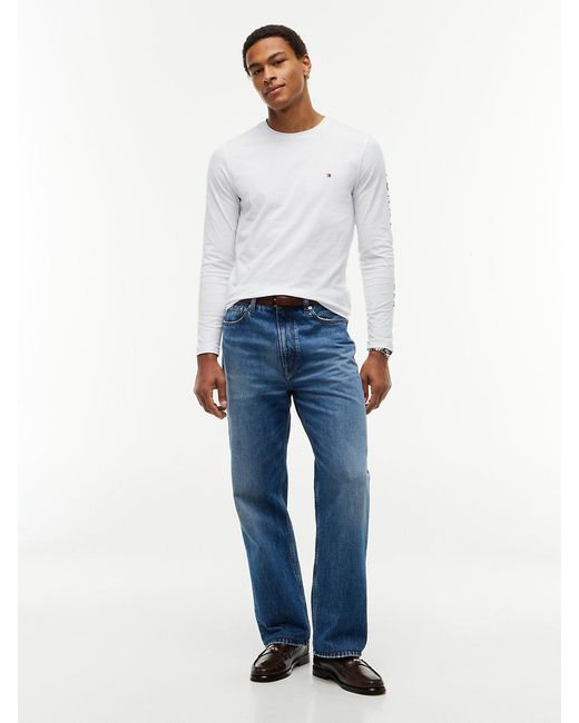 Tommy Hilfiger White Embroidered Logo Long Sleeve Tee for men