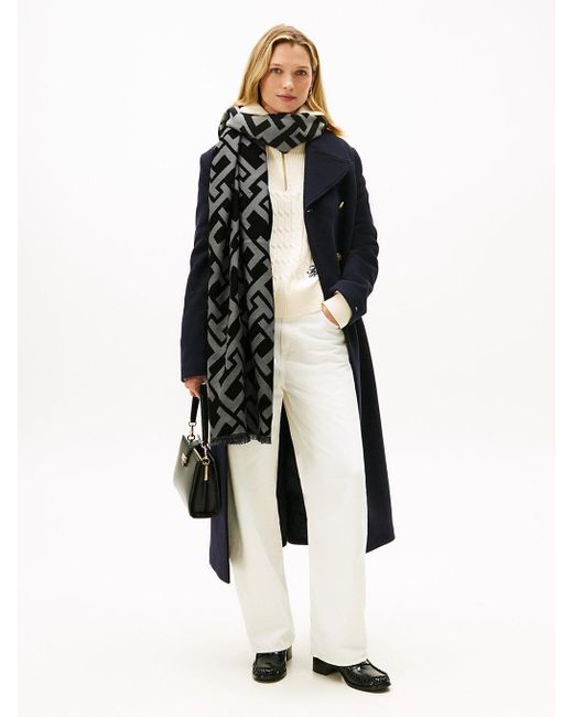 Tommy Hilfiger Black Th Monogram Jacquard Scarf With Wool