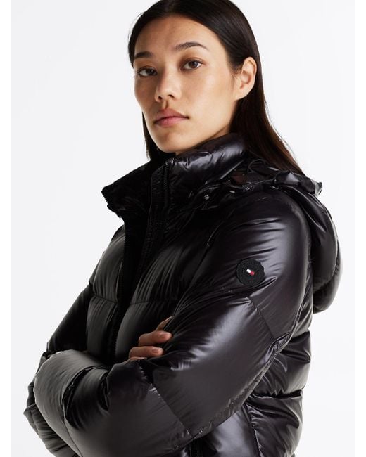 Tommy Hilfiger Black High-shine Hooded Down Puffer Jacket
