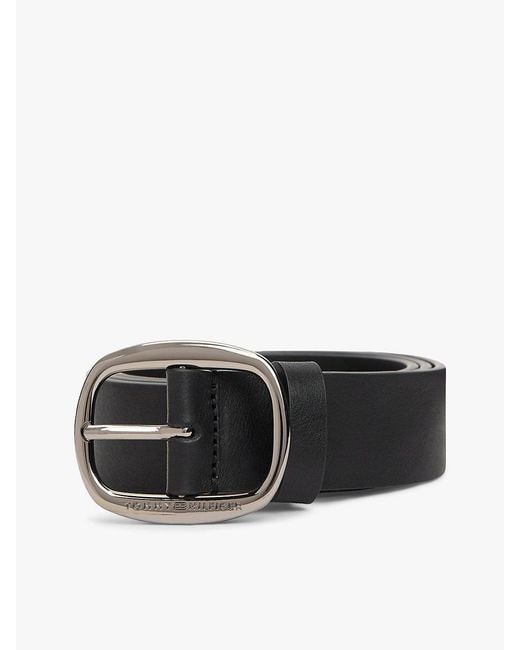 Tommy Hilfiger Black Oval Buckle Debossed Leather Belt for men