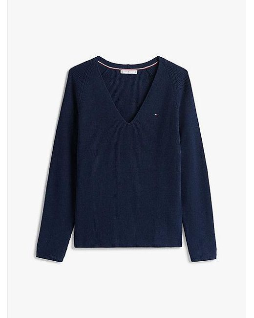 Tommy Hilfiger Kabelgebreide Trui Met V-Hals in het Blue
