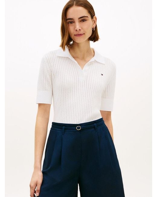 Tommy Hilfiger White Pointelle Short Sleeve Polo Jumper