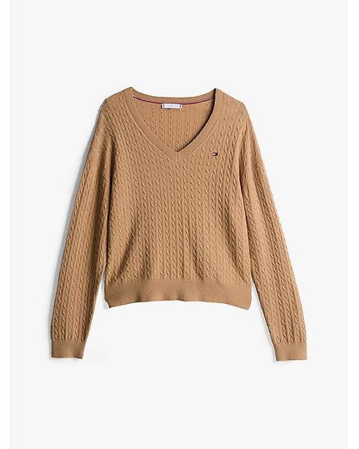 Tommy Hilfiger Kabelgebreide Trui Met V-Hals in het Blue