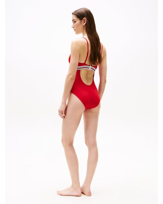 Tommy Hilfiger Red Global Stripe Plunge Neck Swimsuit