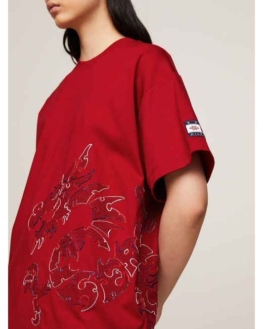 Tommy Hilfiger Red Tommy X Clot Dual Gender Dragon Motif T-shirt for men