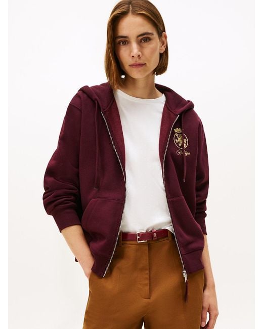 Tommy Hilfiger Red Th Crest Embroidery Gold-tone Zip-thru Hoody