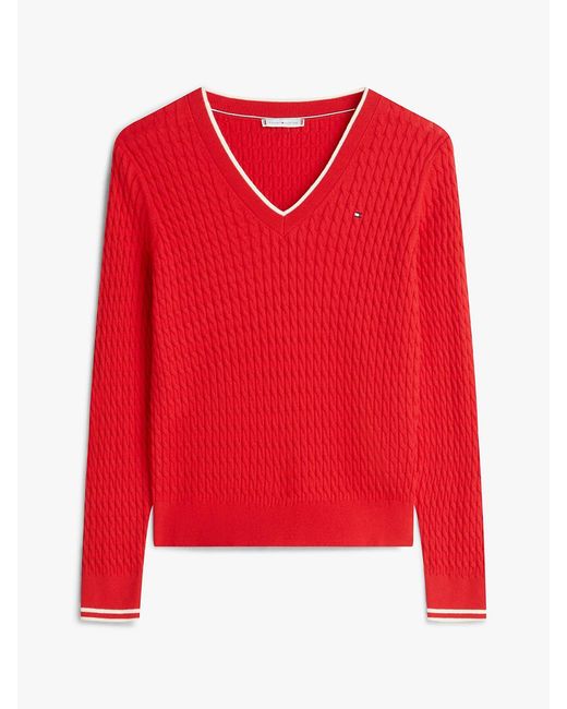 Tommy Hilfiger Red Cable Knit V-neck Jumper