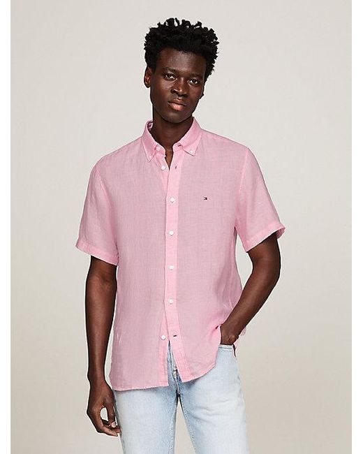 Tommy Hilfiger Regular Fit Linnen Overhemd Met Korte Mouwen in het Pink voor heren