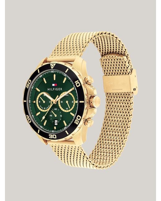 Tommy Hilfiger Metallic Green Dial Gold-plated Mesh Strap Sports Watch for men