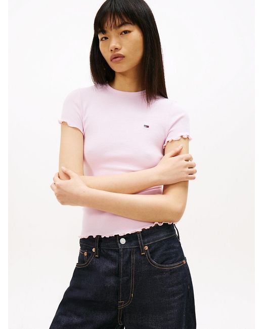 Tommy Hilfiger White Ruffle Trim Ribbed T-Shirt