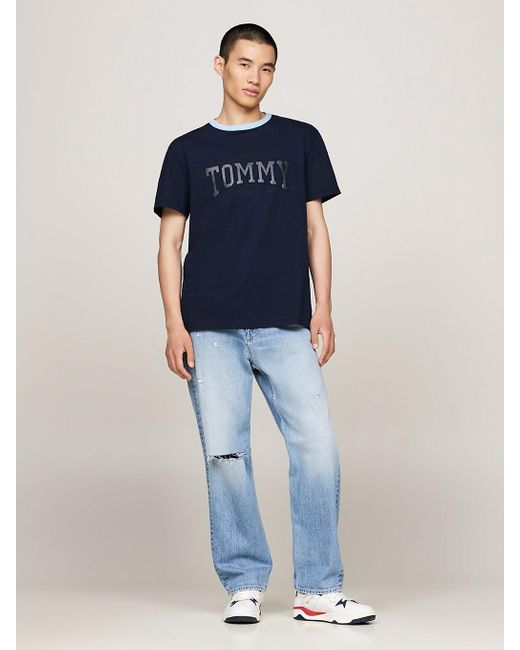 Tommy Hilfiger Blue Metallic Logo Contrast Collar T-shirt for men