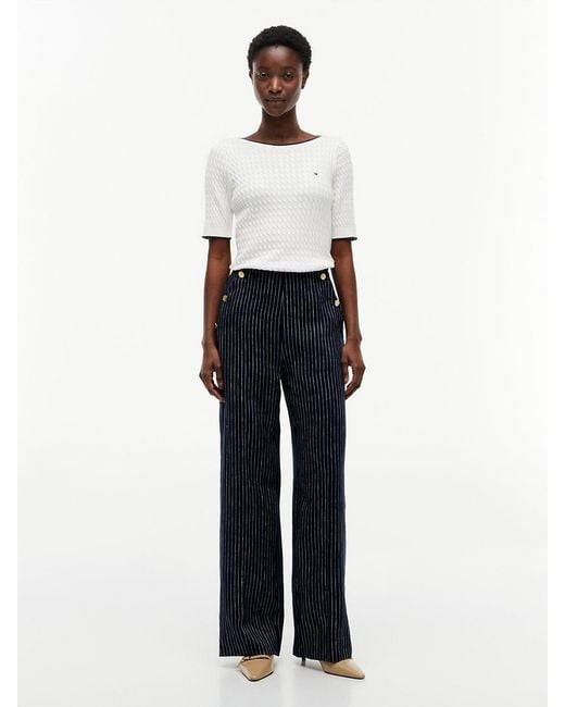 Tommy Hilfiger White Pinstripe-Tone Button Wide Leg Trousers With Linen