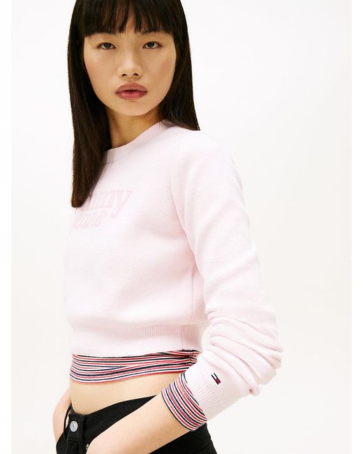 Pull Court Ajusté En Maille Chenille À Logo Tommy Hilfiger en coloris White