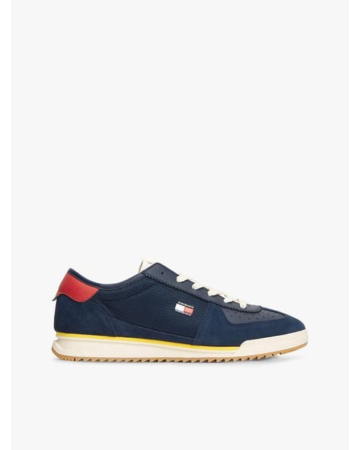 Tommy Hilfiger Blue Retro Leather Mixed Texture Serrated Trainers for men