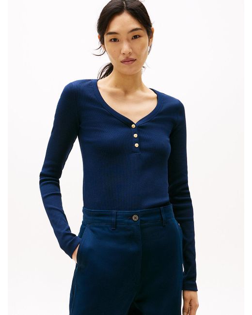 T-Shirt Ajusté Henley À Manches Longues Tommy Hilfiger en coloris Blue