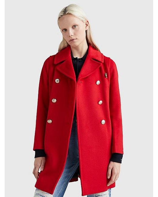 Tommy Hilfiger Th Monogram Lange Double-breasted Peacoat in het Red