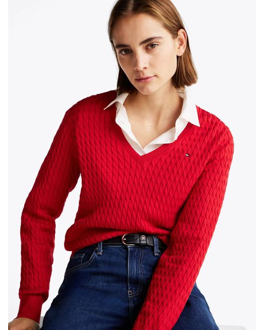 Tommy Hilfiger Red Cable Knit V-neck Jumper