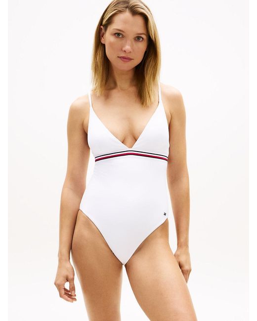 Tommy Hilfiger White Global Stripe Plunge Triangle Swimsuit